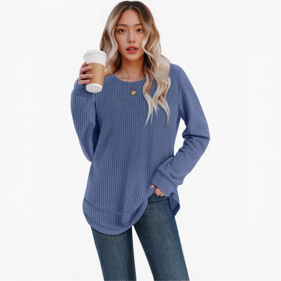 Waffle Loose Round Neck High and Low Curved Hem Top in Solid Colour Pullover with Plaid Pattern for Casual Commute Wear Available in Dark Khaki Gray Sea Blue Dark Purple Green Sizes S M L XL XXL