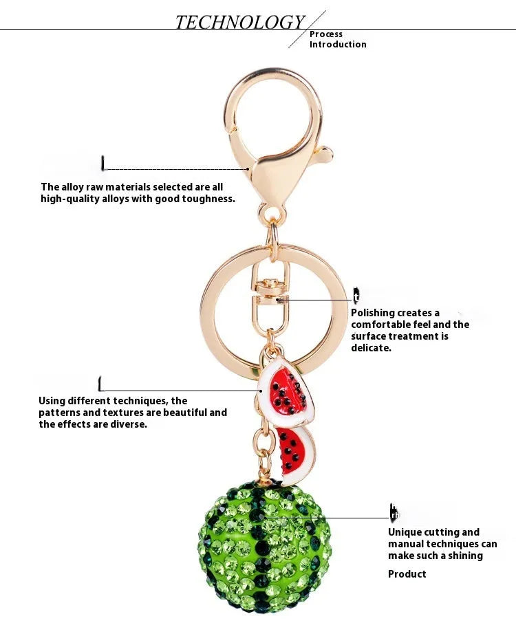 Green zinc alloy watermelon-shaped keychain measuring 12cm.