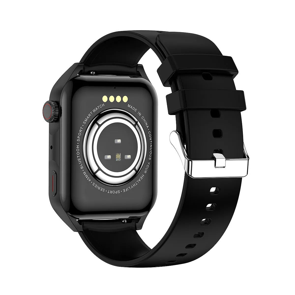 Pink, black, and silver grey smart watch with a 1.8-inch screen on a silicone strap.
