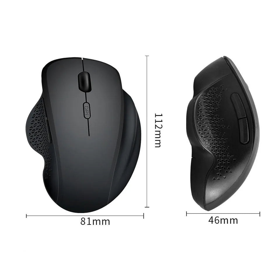 Grey and black wireless laptop mouse with USB charging cable showing compact dimensions