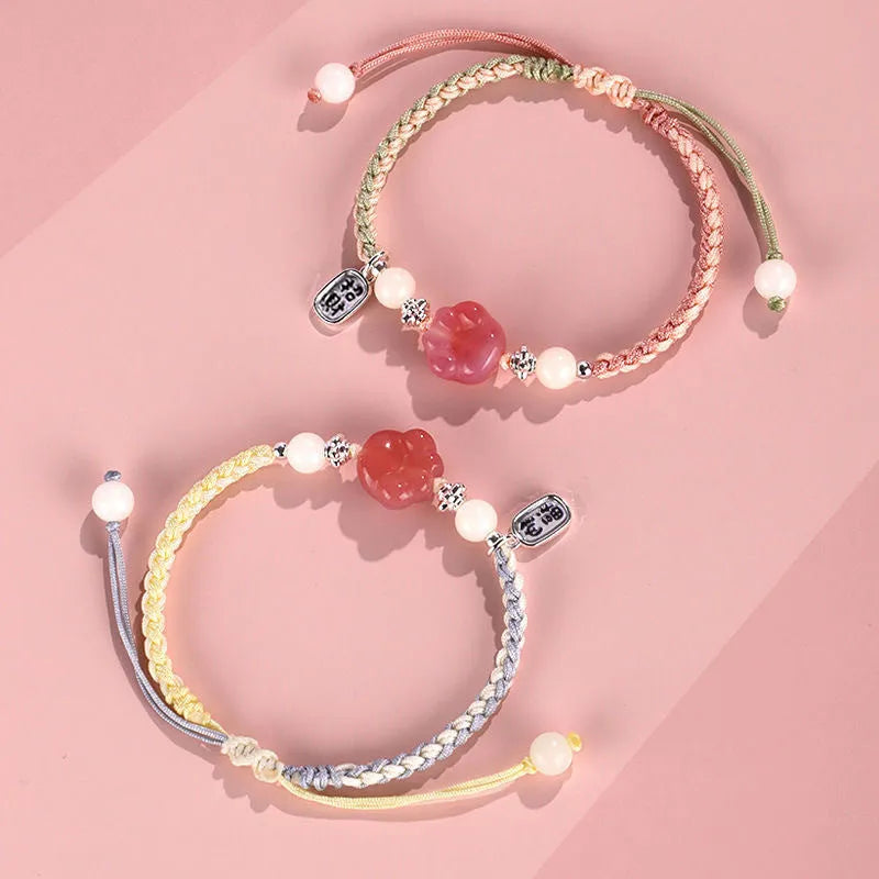 Red cat's paw woven couple bracelet with glass beads in pastoral style adjustable jewellery