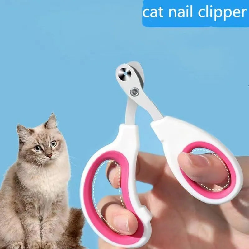 Blue pet nail clippers with a circular guide hole and cushioned handles on a white surface.
