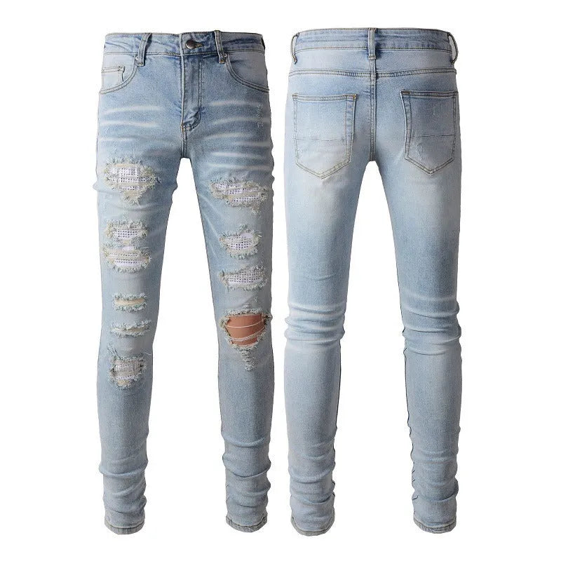 Light blue slim fit stretch men's jeans with distressed details and diamond patch pocket
