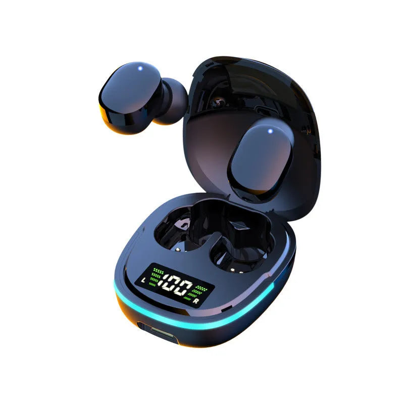 Black true wireless in-ear Bluetooth headphones with charging box showing digital battery display