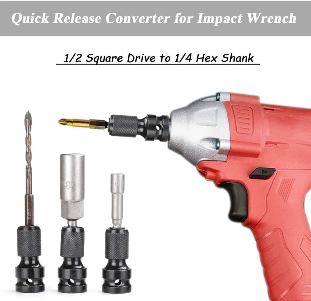 No. 45 steel telescopic bit holder with hexagonal handle for converting 1/2-inch to 1/4-inch drive sizes.