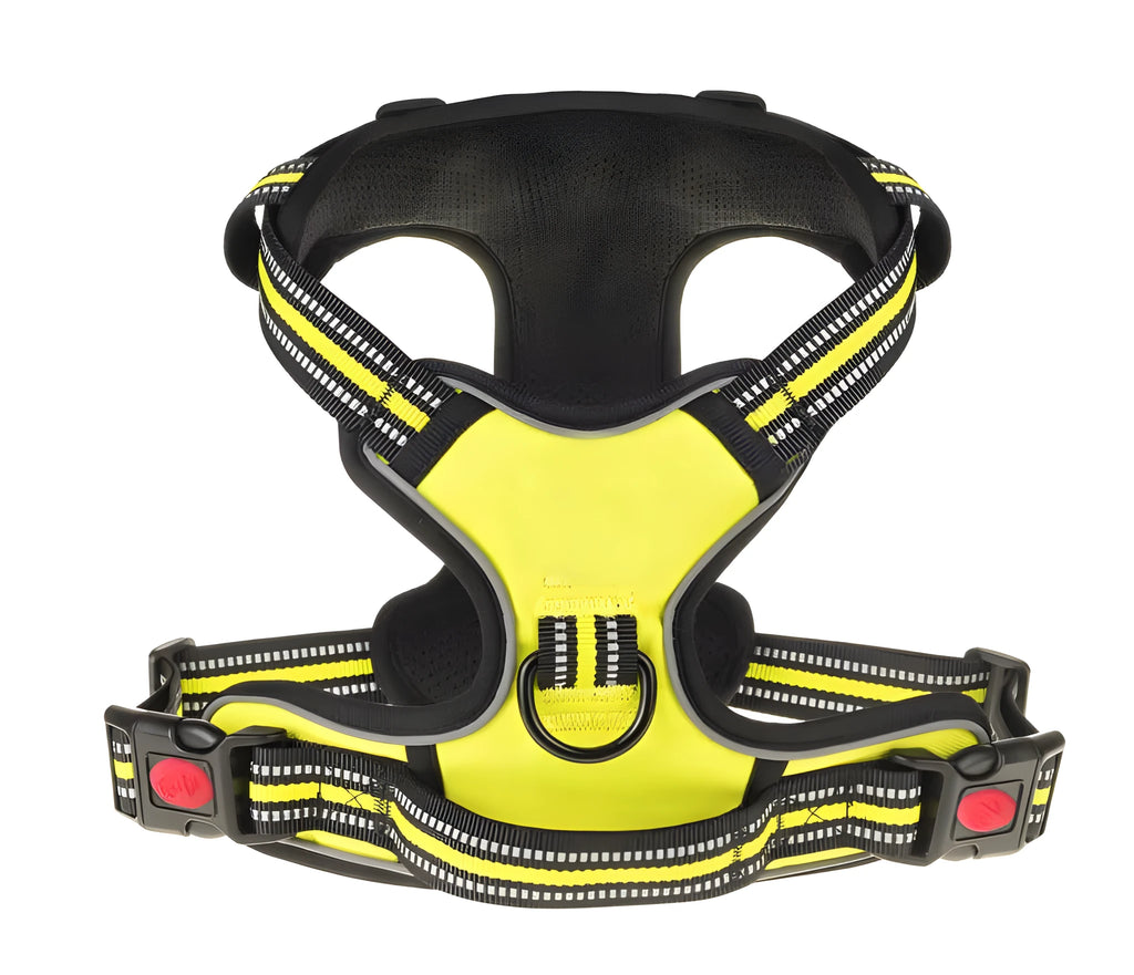 Reflective adjustable dog chest harness in black, red, or green, sizes M to XXL for medium and large dogs.