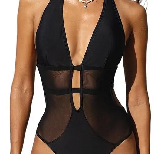 Women's black V-neck mesh one-piece swimsuit for swimming sports