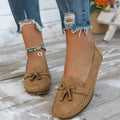 Women's solid colour suede flat shoes with a bow, shown in pink, apricot, grey, and blue on a casual background.