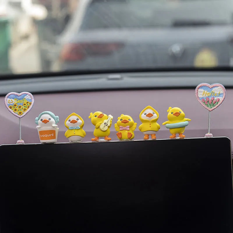 PVC cartoon duckling car decoration set with six small ducks and a hello sign