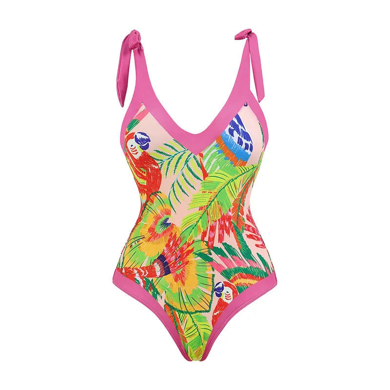 Retro pink floral print one-piece swimsuit with V-neck, covered belly and thin skirt overlay