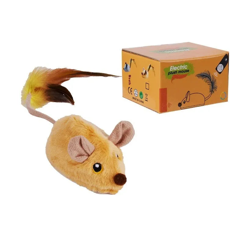 Interactive plush mouse cat toy with remote control on grey carpet