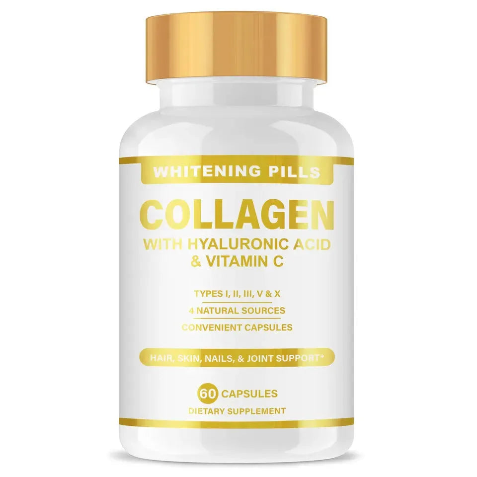 Collagen capsule supplement bottle containing 60 tablets for adult use.