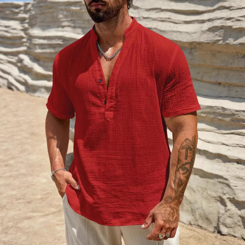 Men's solid colour stand collar short-sleeved shirt in a lightweight fabric.