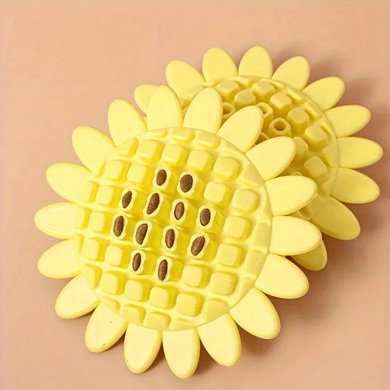 Yellow rubber sunflower-shaped dog toy for teething puppies and chewing play