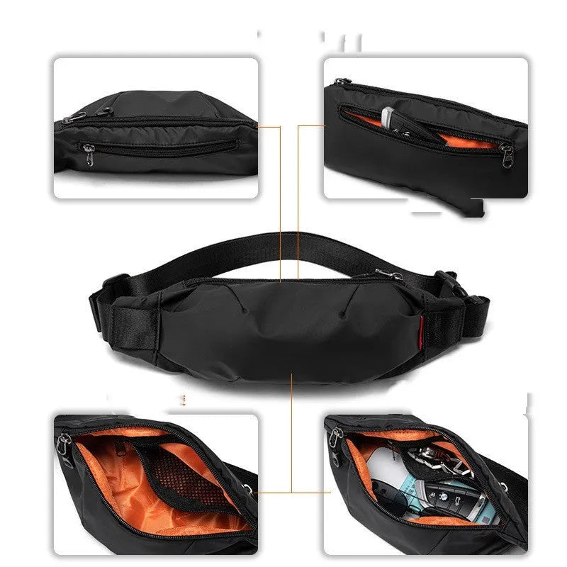 Black Oxford cloth men's crossbody waist pack showing front zipper and interior organisation pockets.