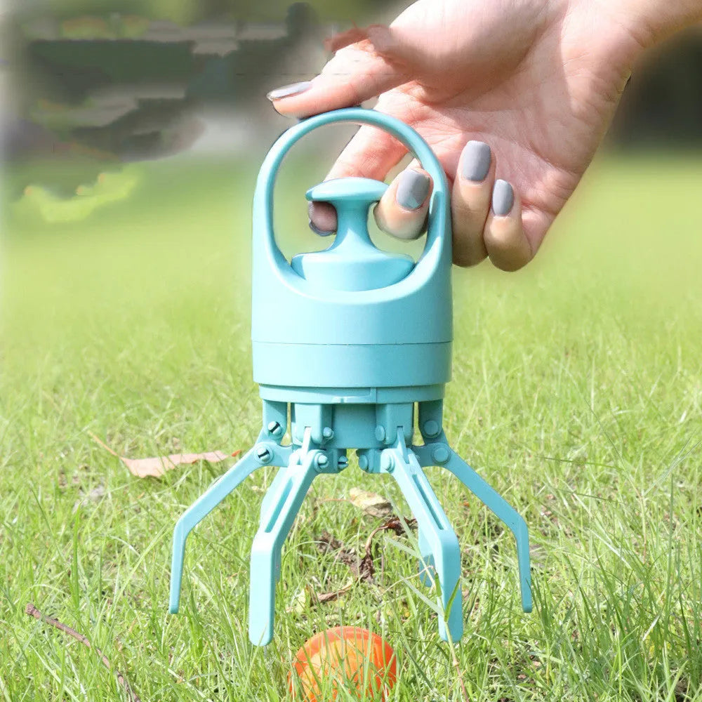 Blue portable dog pooper scooper with claw mechanism and built-in bag dispenser