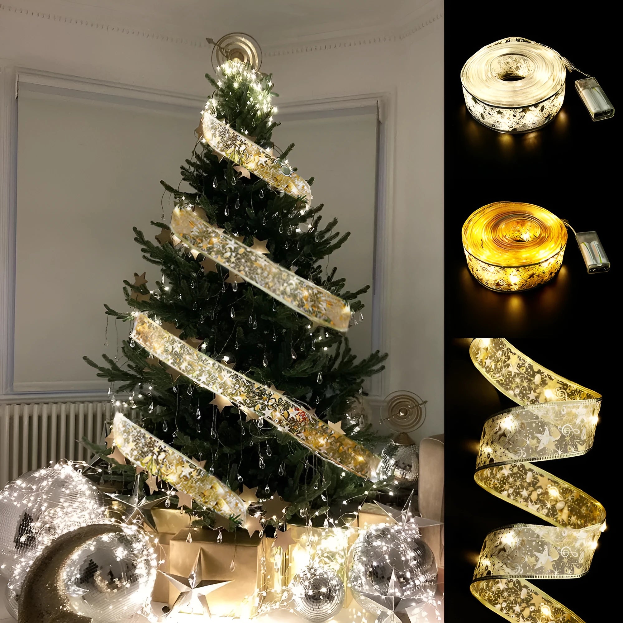 Cloth ribbon fairy lights with bow tie design and integrated LED lights for Christmas decoration