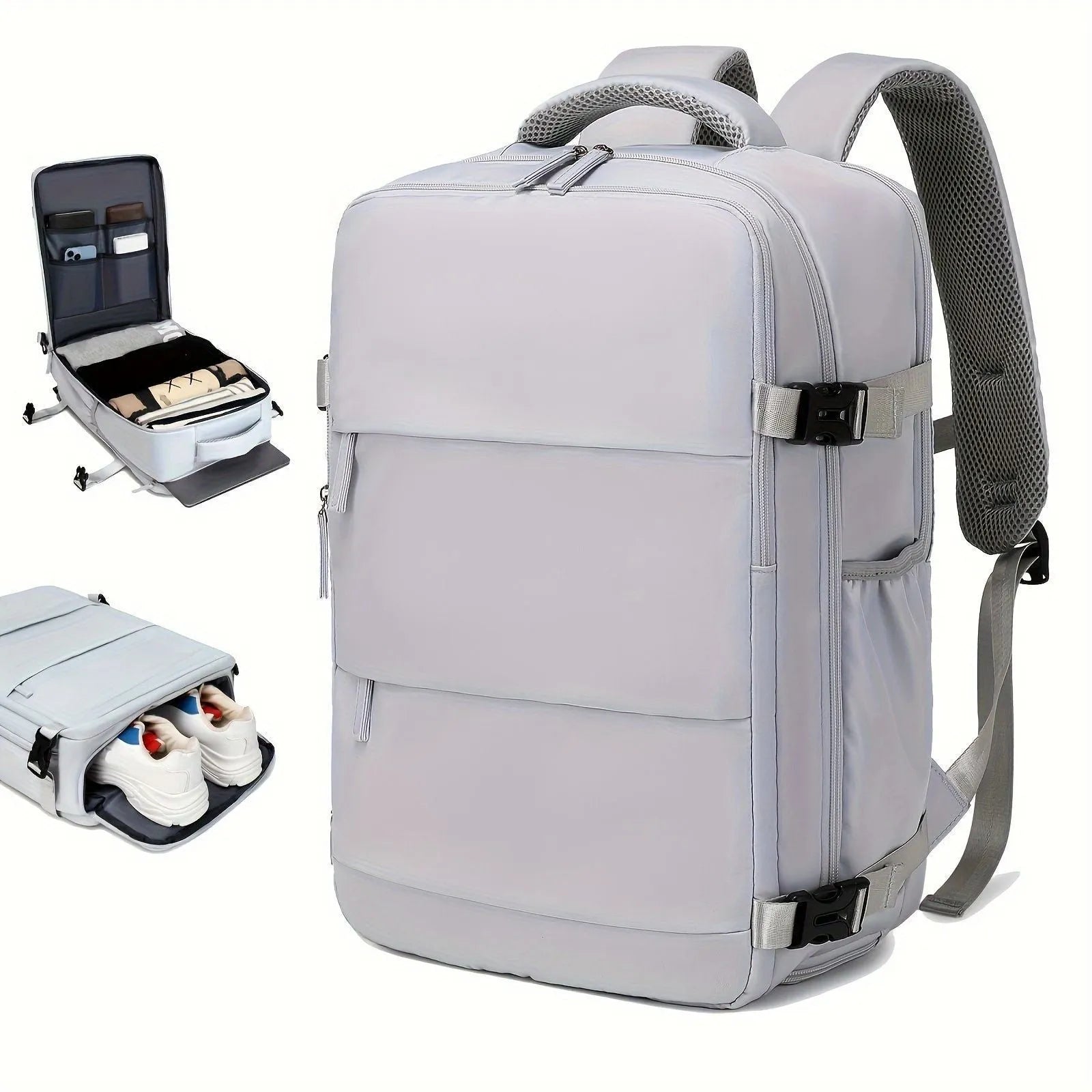 Large black nylon luggage backpack for men with multiple compartments, shown from a side angle.