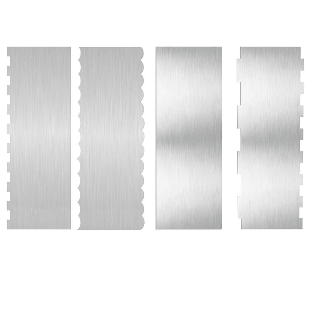 Stainless steel cake scraper with geometric polygon edge pattern for decorative baking
