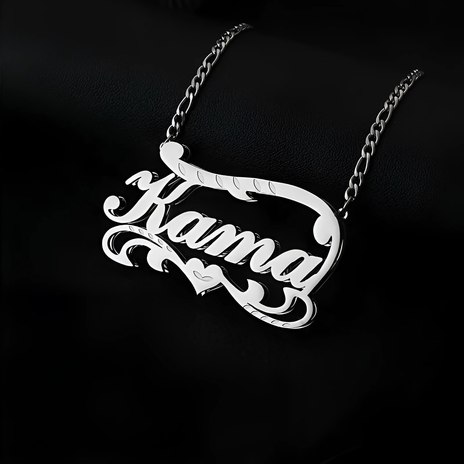 Double-layer wave heart pendant necklace with space for a custom name engraving, shown in gold and silver stainless steel.