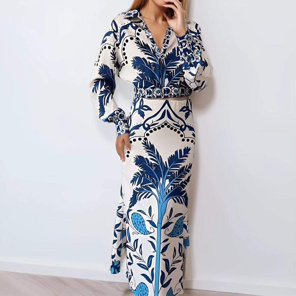 Early spring casual fashion set with long sleeve blouse and long skirt in picture colour