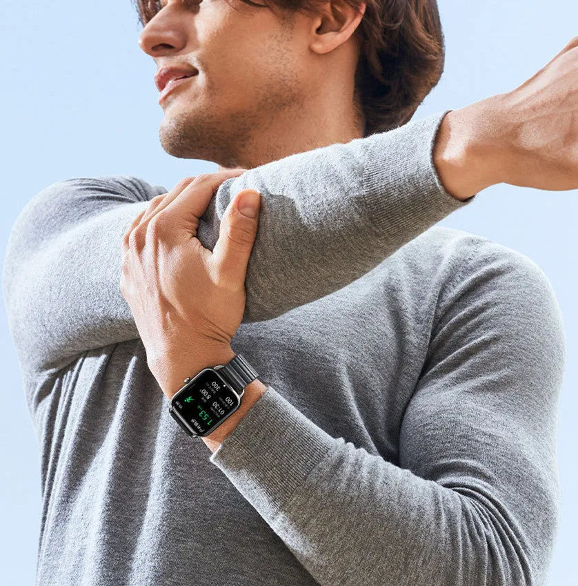 S4PLUS LS11 smart sports watch on wrist showing AMOLED display, available in black, champagne, or silver.
