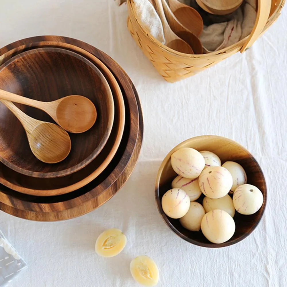 Natural brown wooden bowl with wood grain, overglaze finish, 12x6cm, on a table