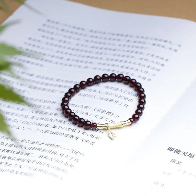 Natural garnet bamboo joint 6mm single ring bracelet in copper or silver finish