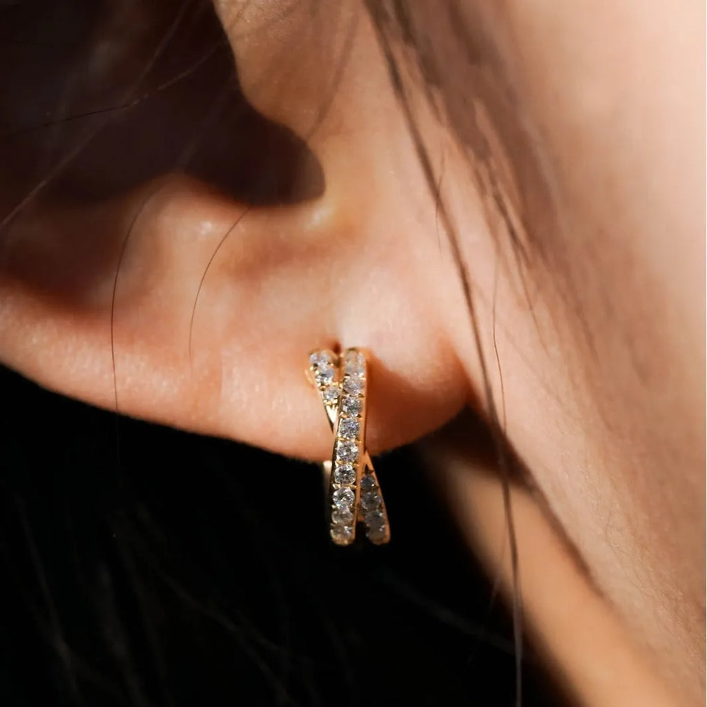 Double row cross 5A zircon twist earrings, 925 silver with 18K gold plate, 9mm inner diameter, 12mm outer diameter