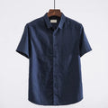 Men's square collar short sleeve shirt in linen blend fabric showing loose cardigan fit