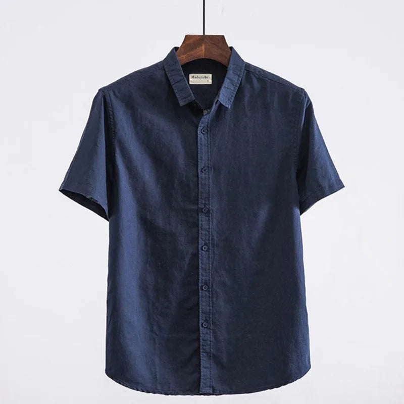 Men's square collar short sleeve shirt in linen blend fabric showing loose cardigan fit