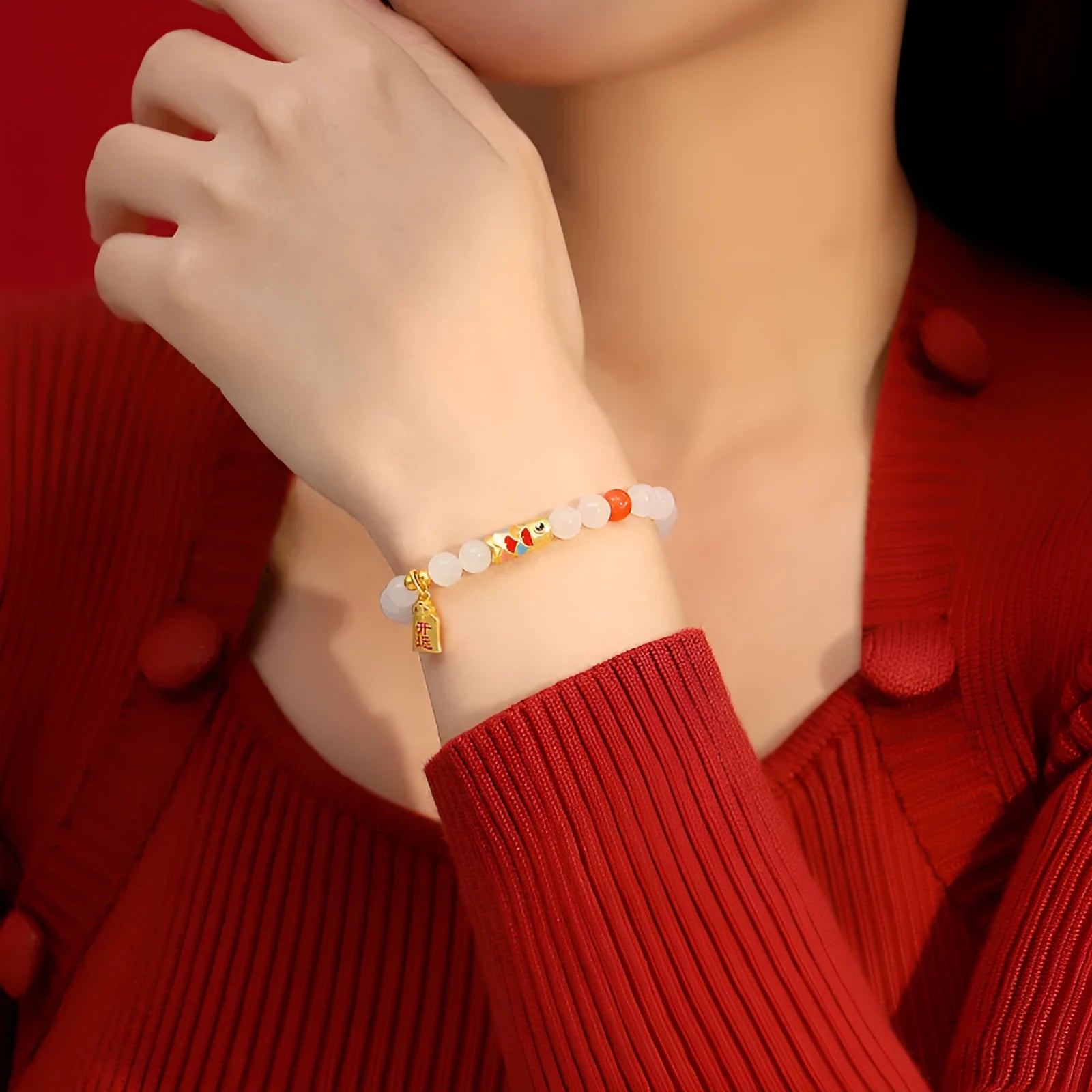 S925 sterling silver bracelet with koi fish design, cold enamel details, and natural Hetian jade.