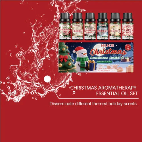 Christmas aromatherapy oil set showing six glass bottles with two size options