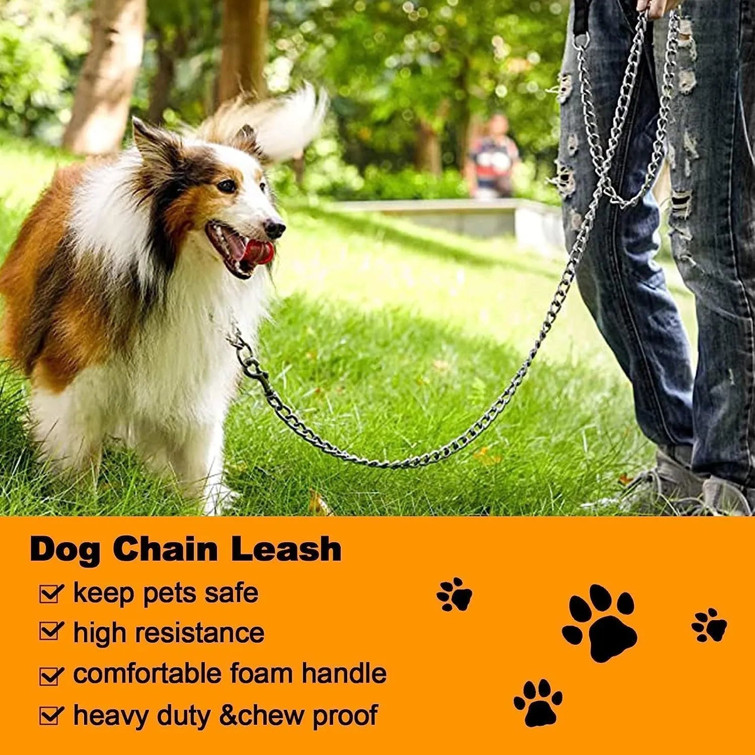 Heavy duty metal dog leash with a soft black padded handle and chrome chain.