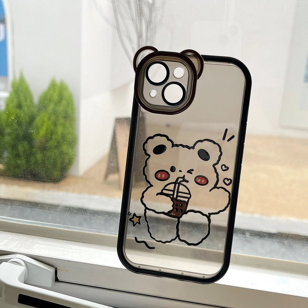 New Bear Photo Frame Phone Case TPU Drinking Milk Tea Bear for iPhones