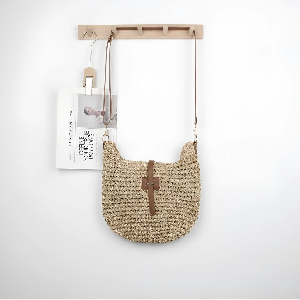 Beige handmade woven bag with sandwich pocket style and 55cm shoulder strap