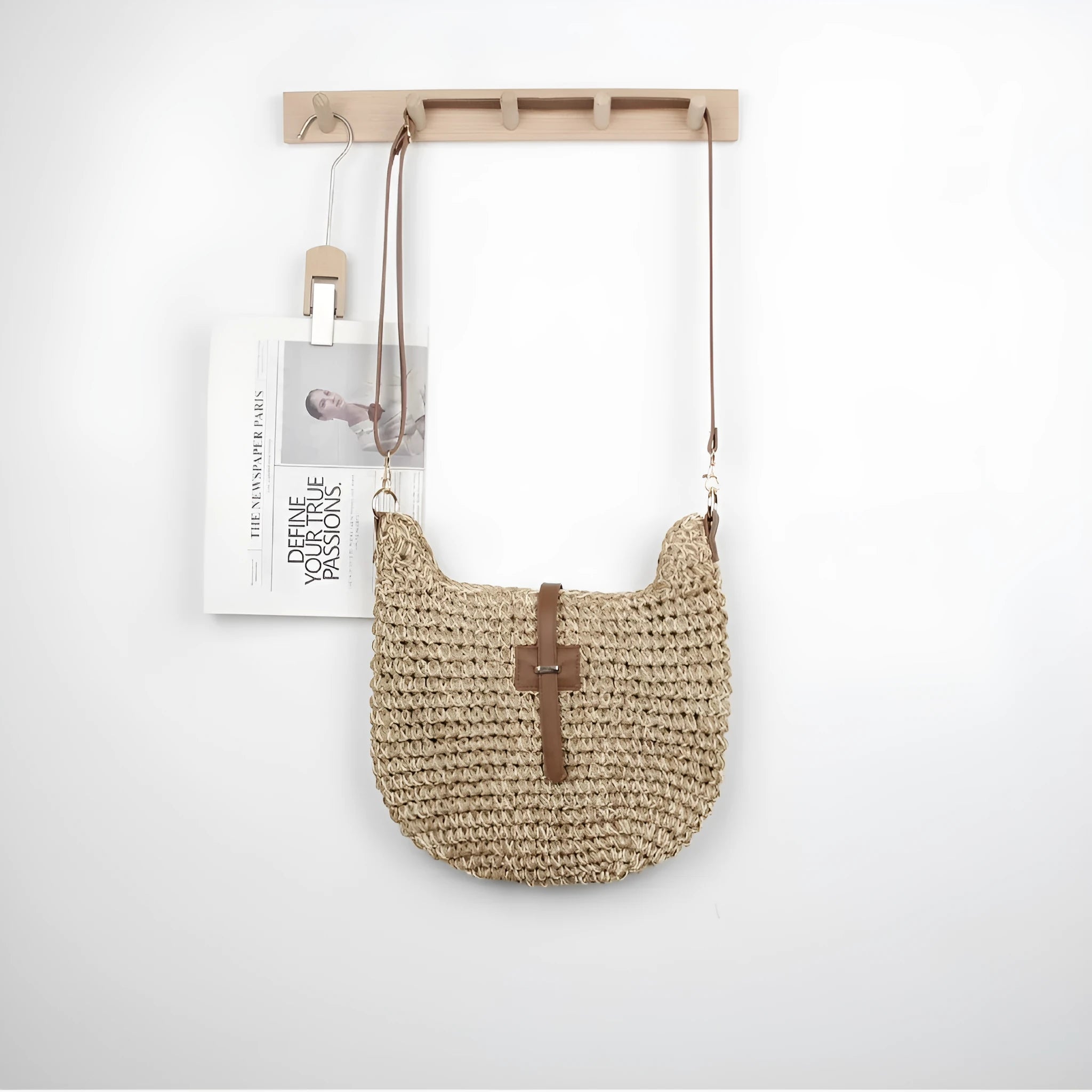 Beige handmade woven bag with sandwich pocket style and 55cm shoulder strap