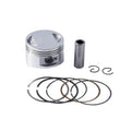 Motorcycle piston kit showing aluminium alloy piston with steel oil ring for 57.4mm cylinder engines