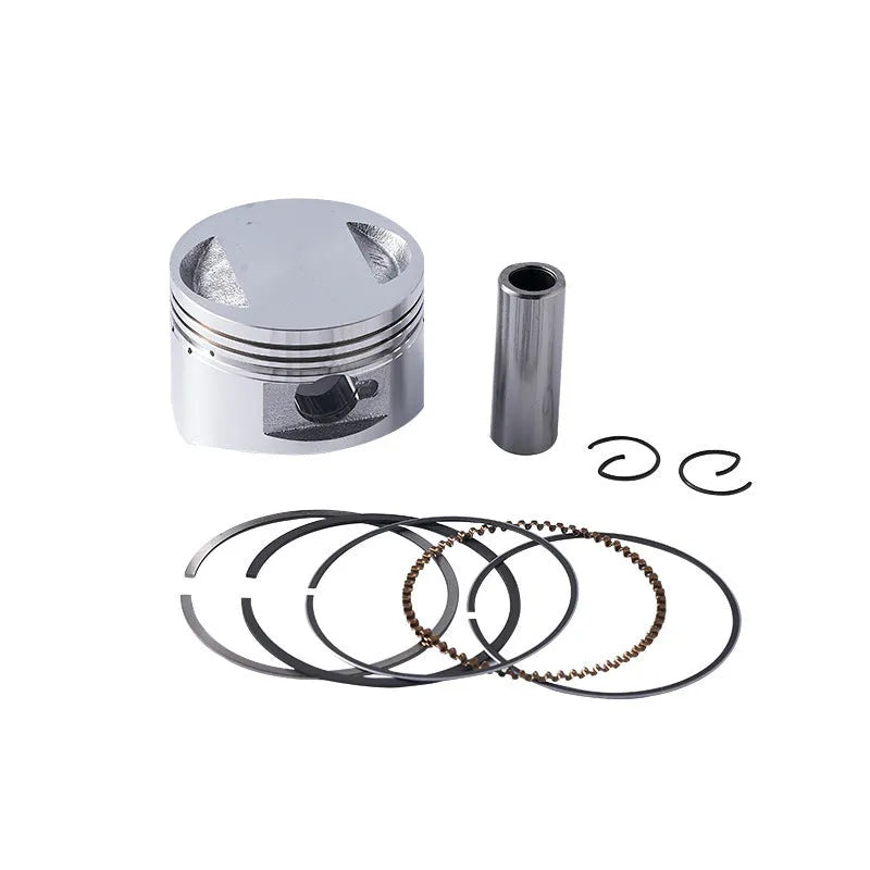 Motorcycle piston kit showing aluminium alloy piston with steel oil ring for 57.4mm cylinder engines