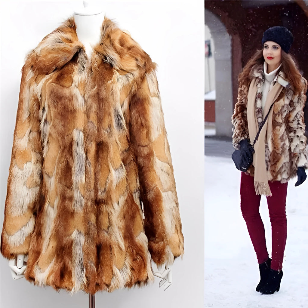 Women's slim leather-style jacket in black and orange tiger pattern faux fur with long sleeves.