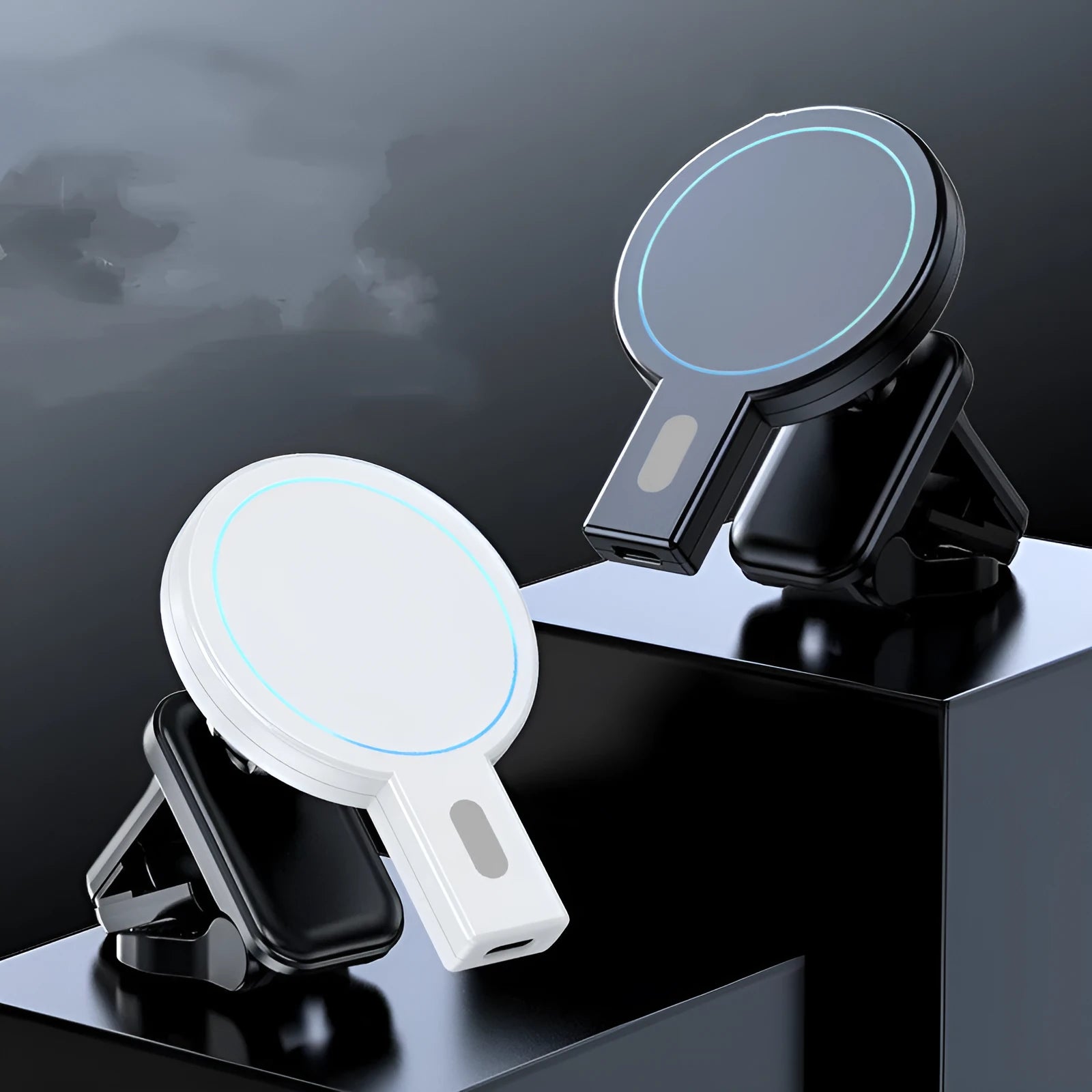 Black and white magnetic wireless charger with USB port and compact aluminium case