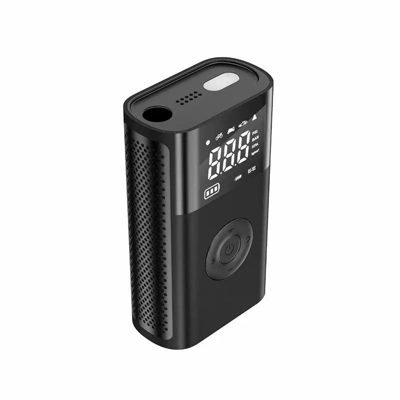 Wireless handheld digital tyre inflator with LCD screen, pressure gauge, and assorted nozzle attachments on a black background.
