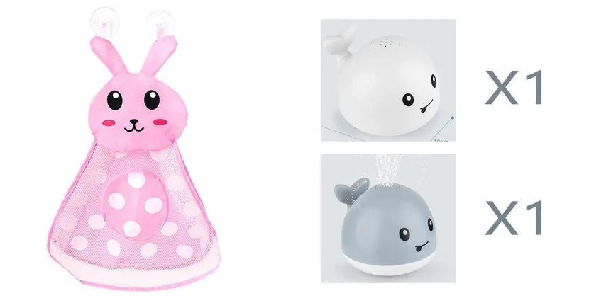 Automatic water spray whale bath toy with LED lights for baby sensory play