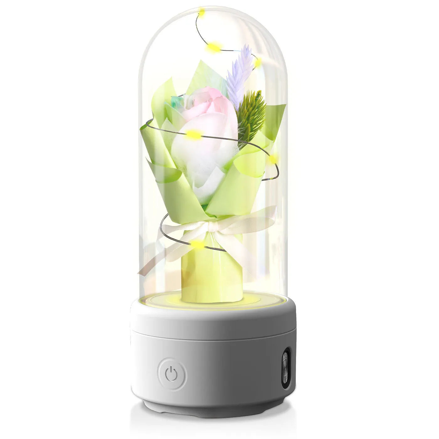 LED bouquet night light with Bluetooth speaker inside a glass cover on a black base.