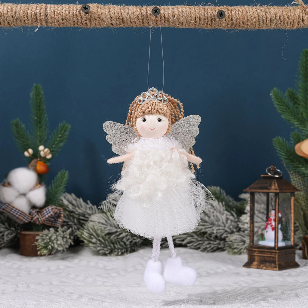 Cartoon angel Christmas fabric hair pendant clip on a ponytail, shown in white, pink, and khaki colours.