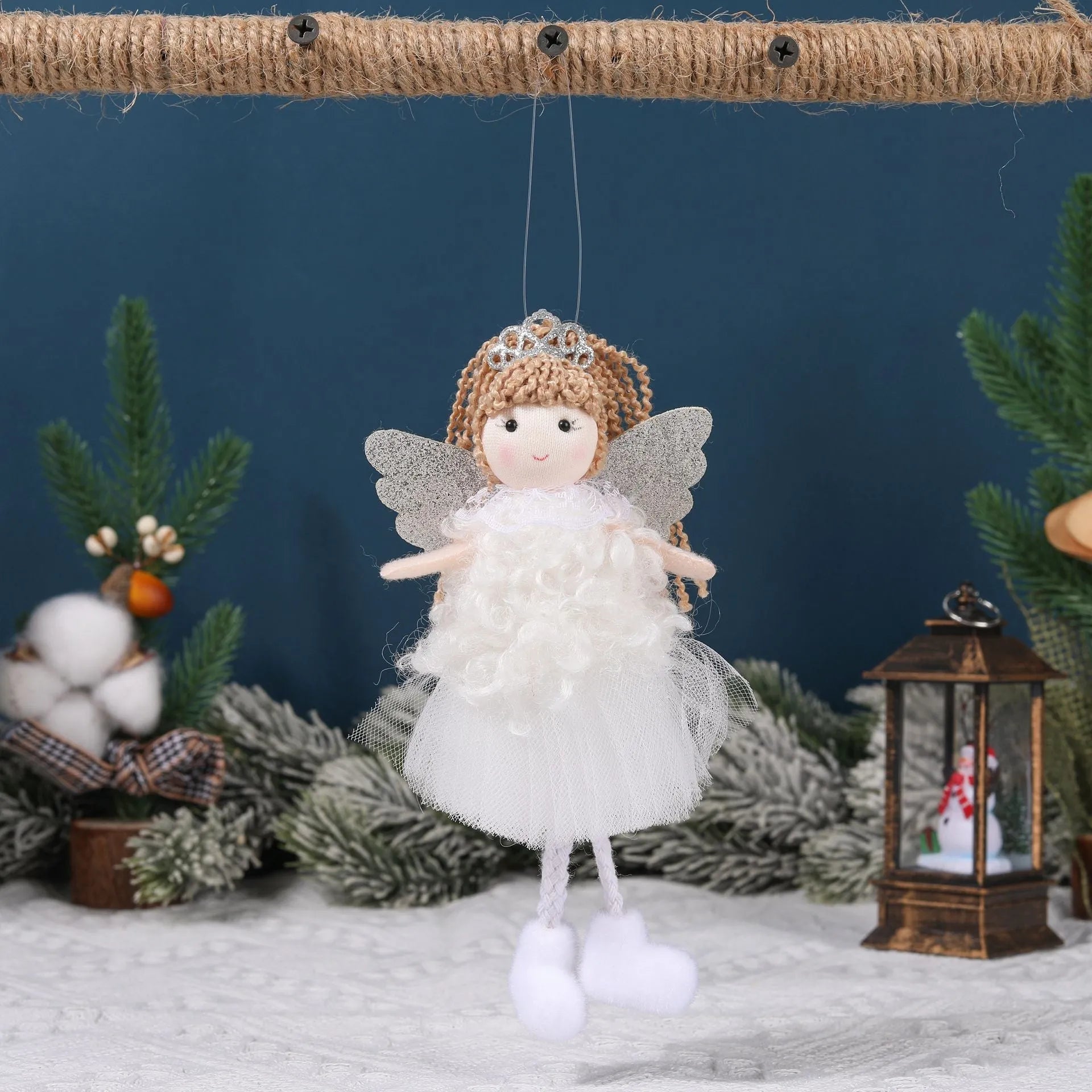 Cartoon angel Christmas fabric hair pendant clip on a ponytail, shown in white, pink, and khaki colours.