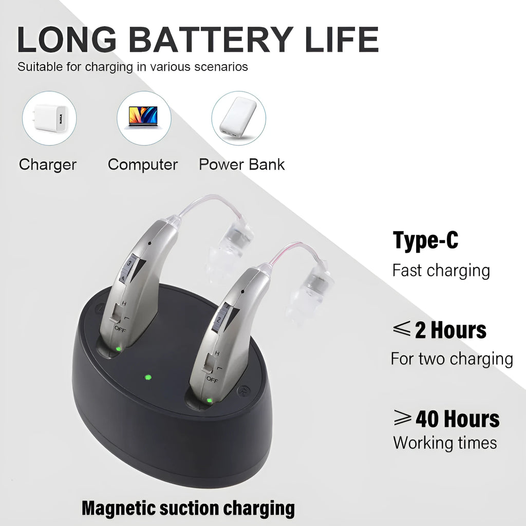 Behind-the-ear aid headset with simple charging bin, PVC housing in skin colour, silver finish