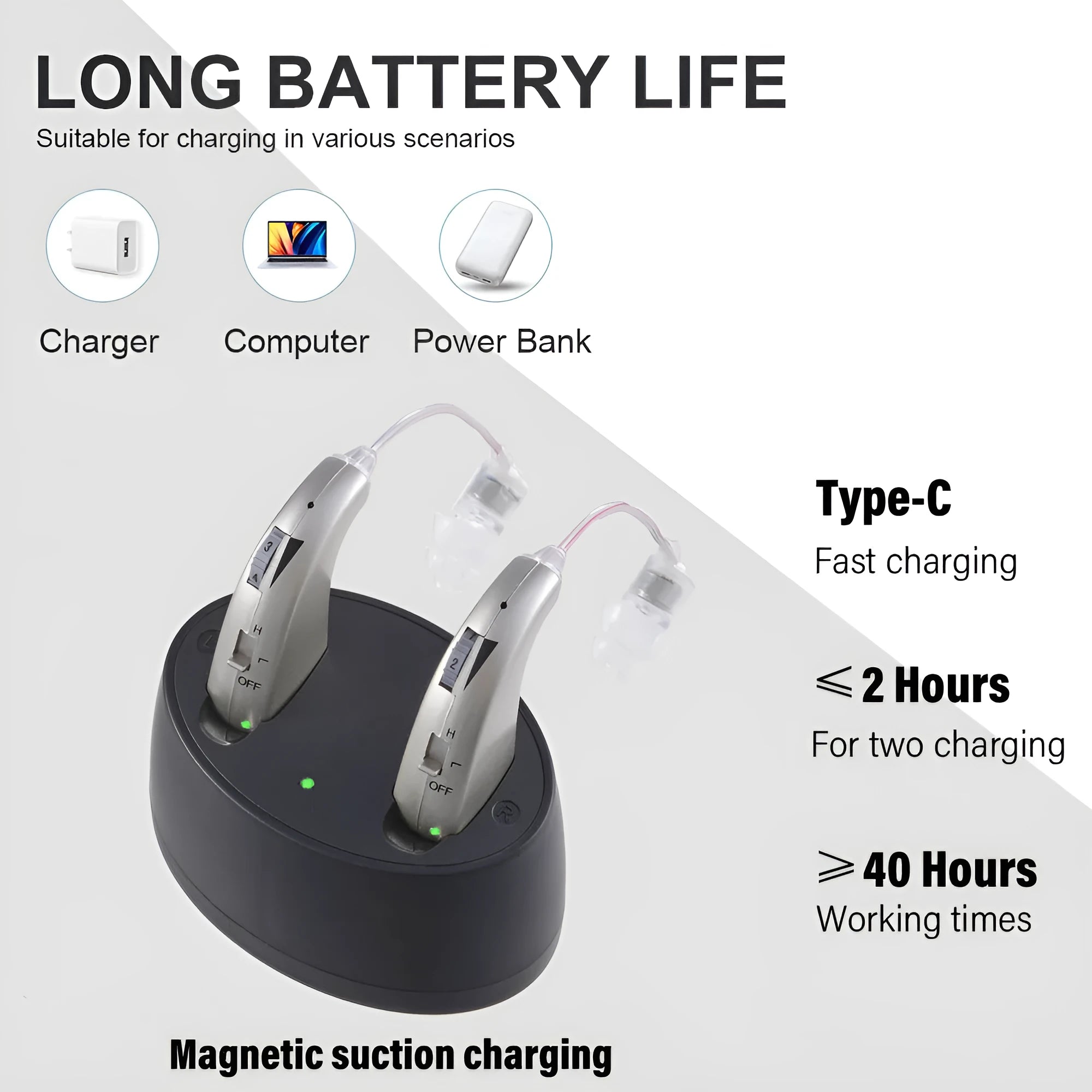 Behind-the-ear aid headset with simple charging bin, PVC housing in skin colour, silver finish