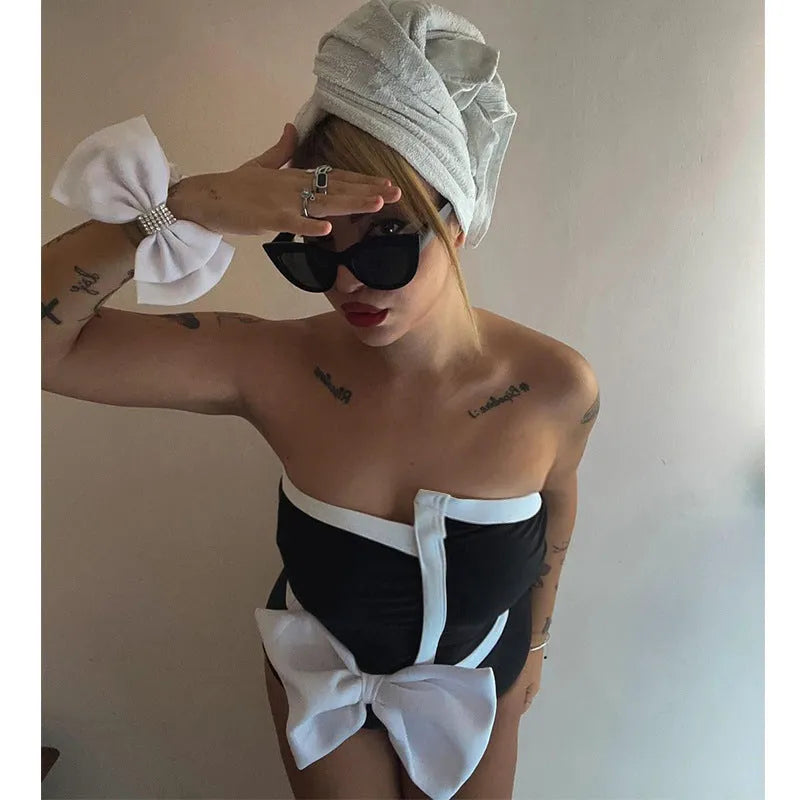Black and white colour-block one-piece swimsuit with asymmetrical bow and irregular tube top for women