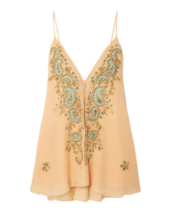 Light yellow women's ethnic print strap skirt with V-neck and sleeveless design.